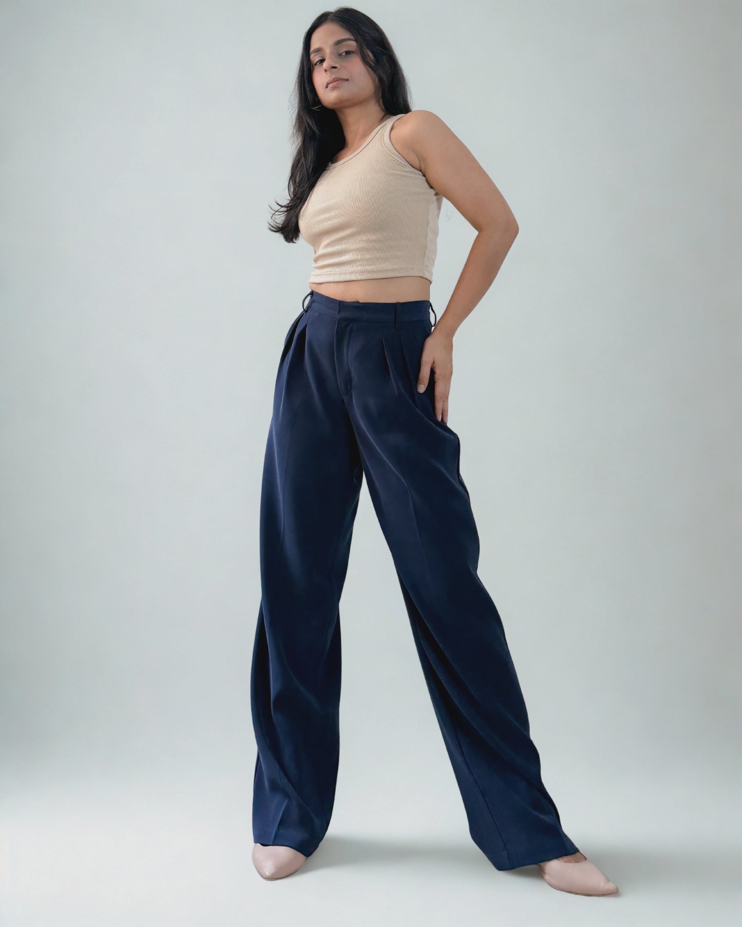 Japanese Crepe Tailored Pleated Trousers | Midnight Blue