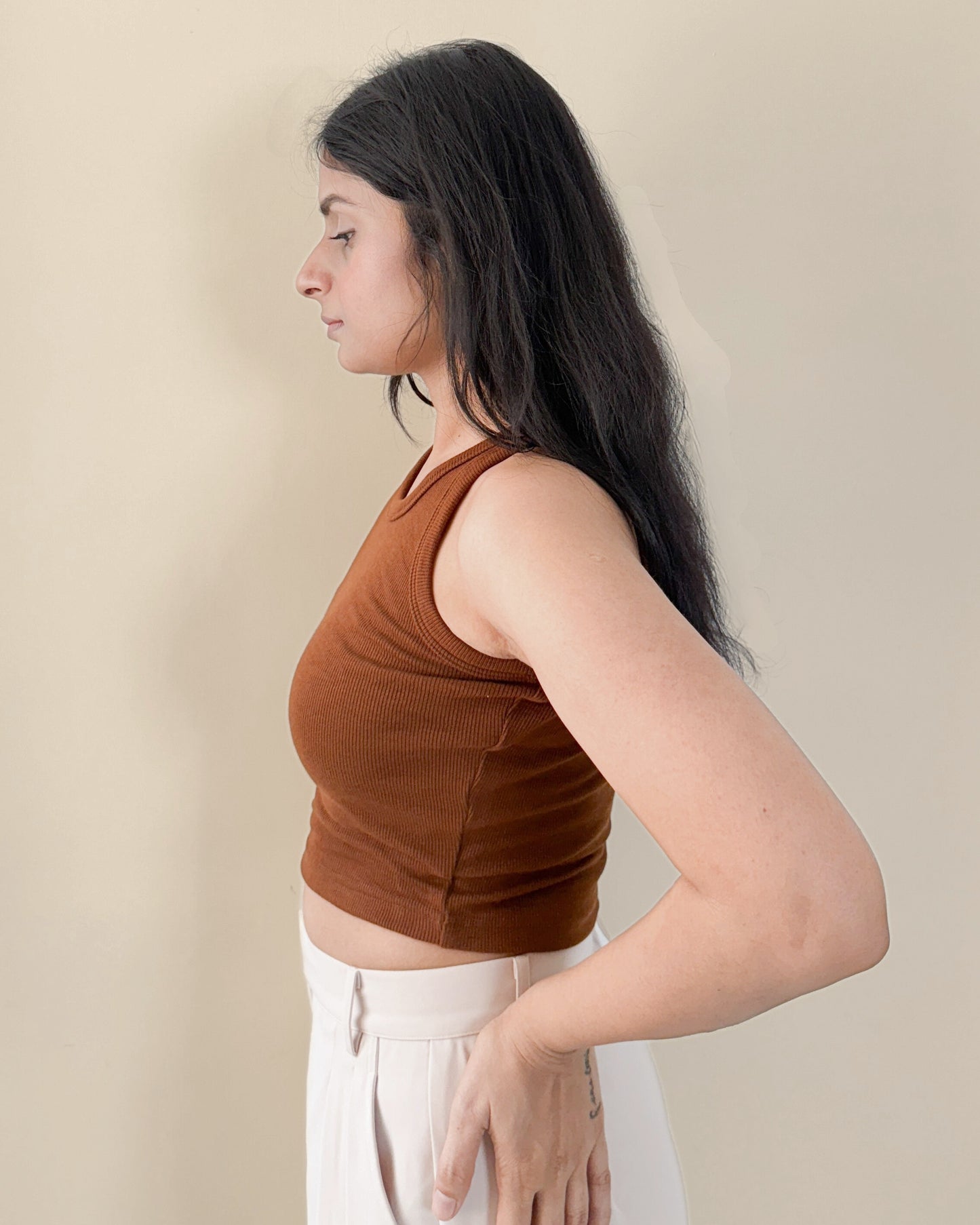 Cotton Round Ribbed Crop Top | Mocha Brown