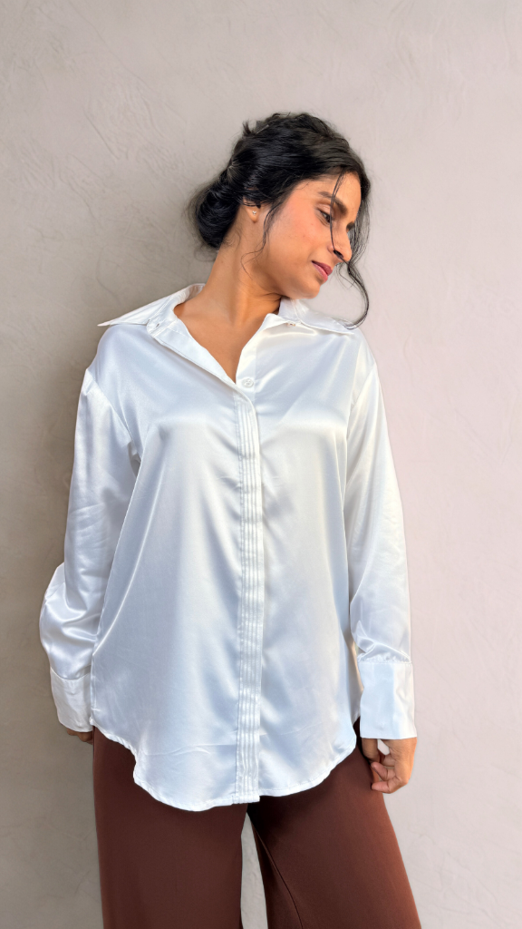 Premium Satin Relaxed Pintuck Shirt | Pearl White
