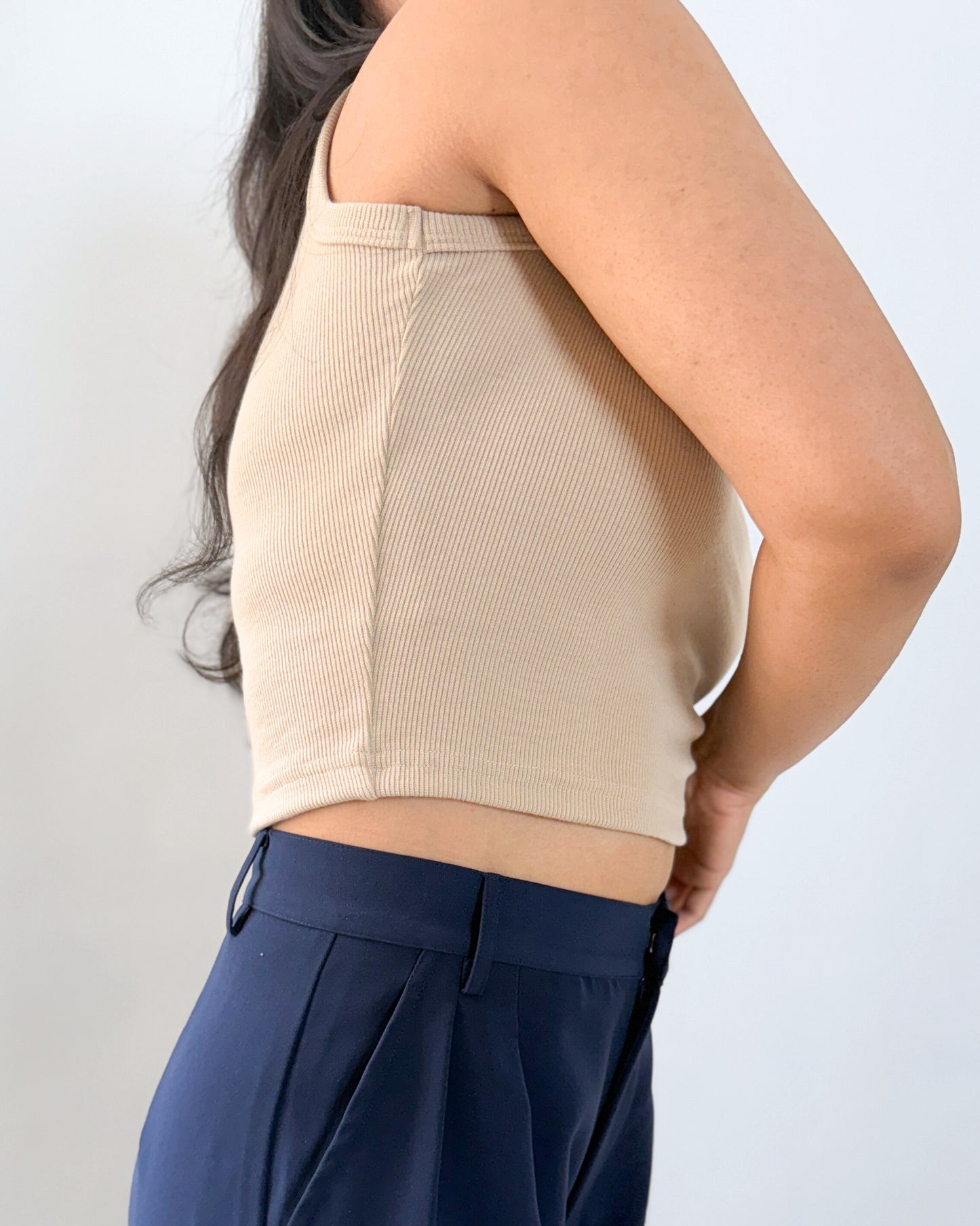 Cotton Round Ribbed Crop Top | Latte Cream