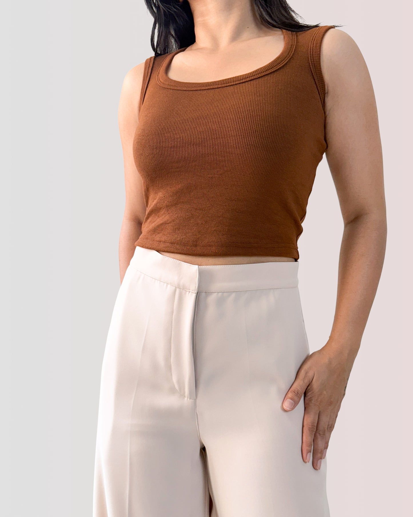 Cotton Scoop Ribbed Crop Top | Mocha Brown