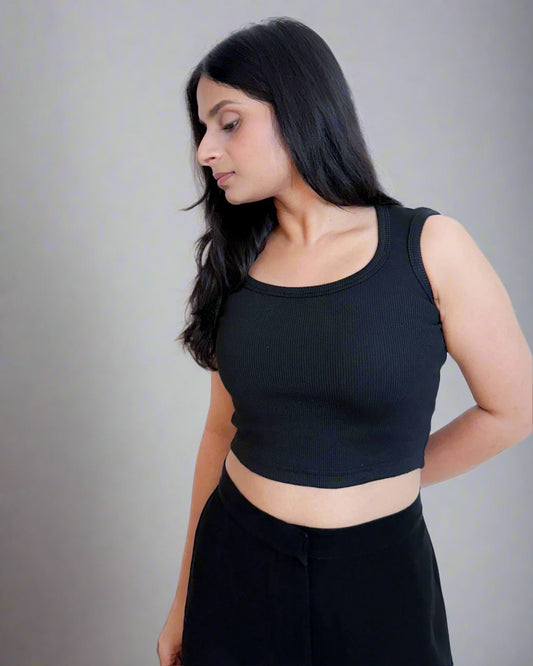 Cotton Ribbed Classic Cropped Top | Raven Black