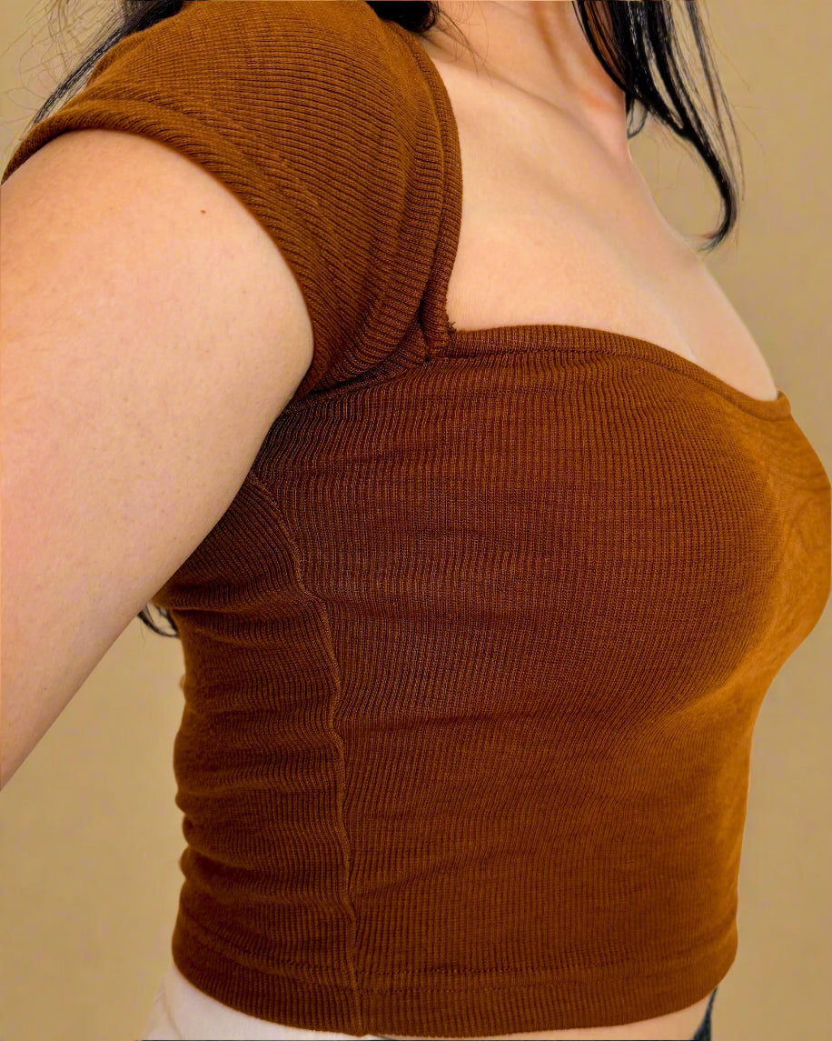 Soft Cotton Ribbed Sweetheart Top | Mocha Brown