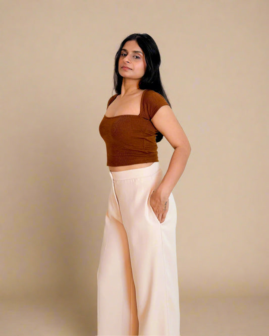 Soft Cotton Ribbed Sweetheart Top | Mocha Brown