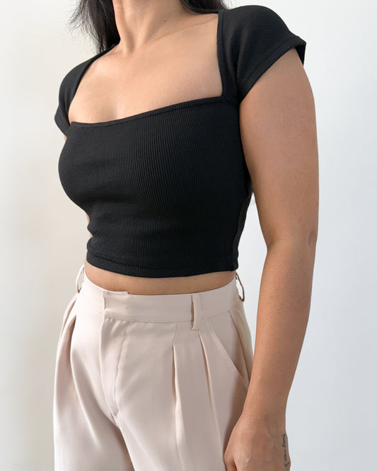 Soft Cotton Ribbed Sweetheart Top | Raven Black