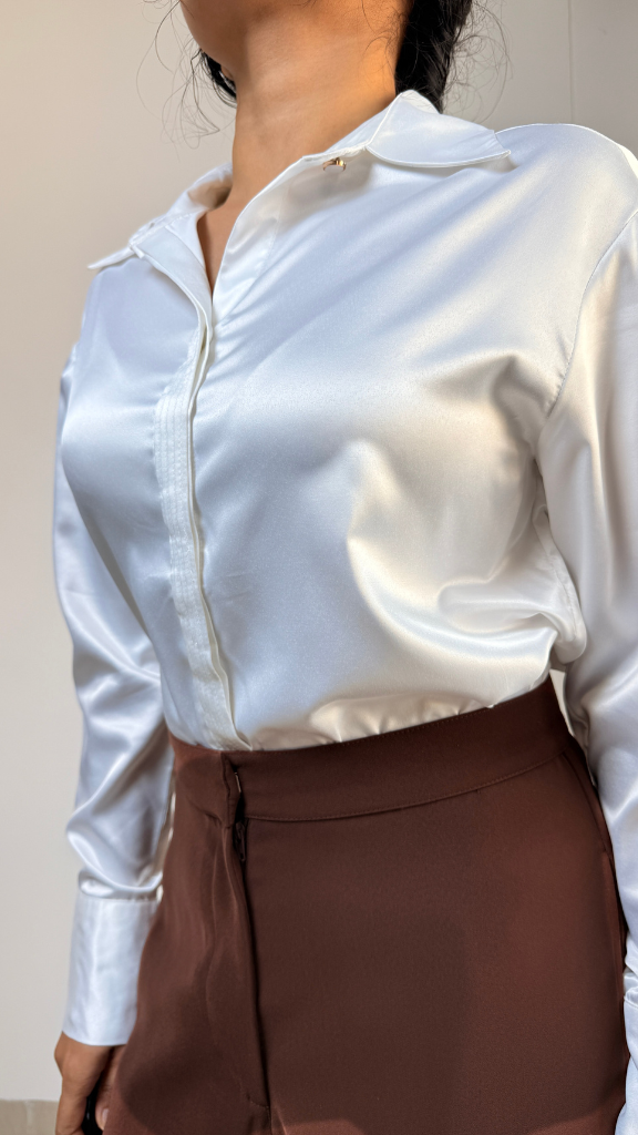 Premium Satin Relaxed Pintuck Shirt | Pearl White