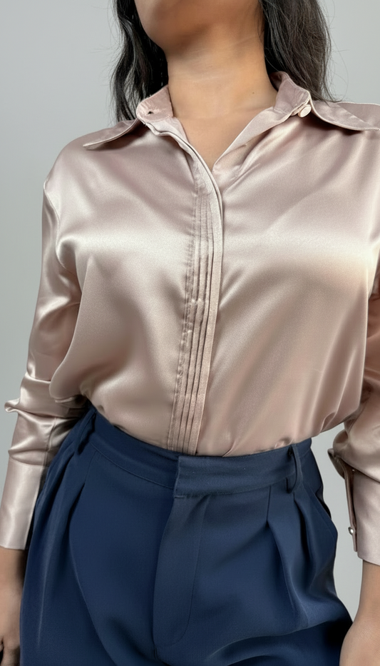 Premium Satin Relaxed Pintuck Shirt | Rose Gold