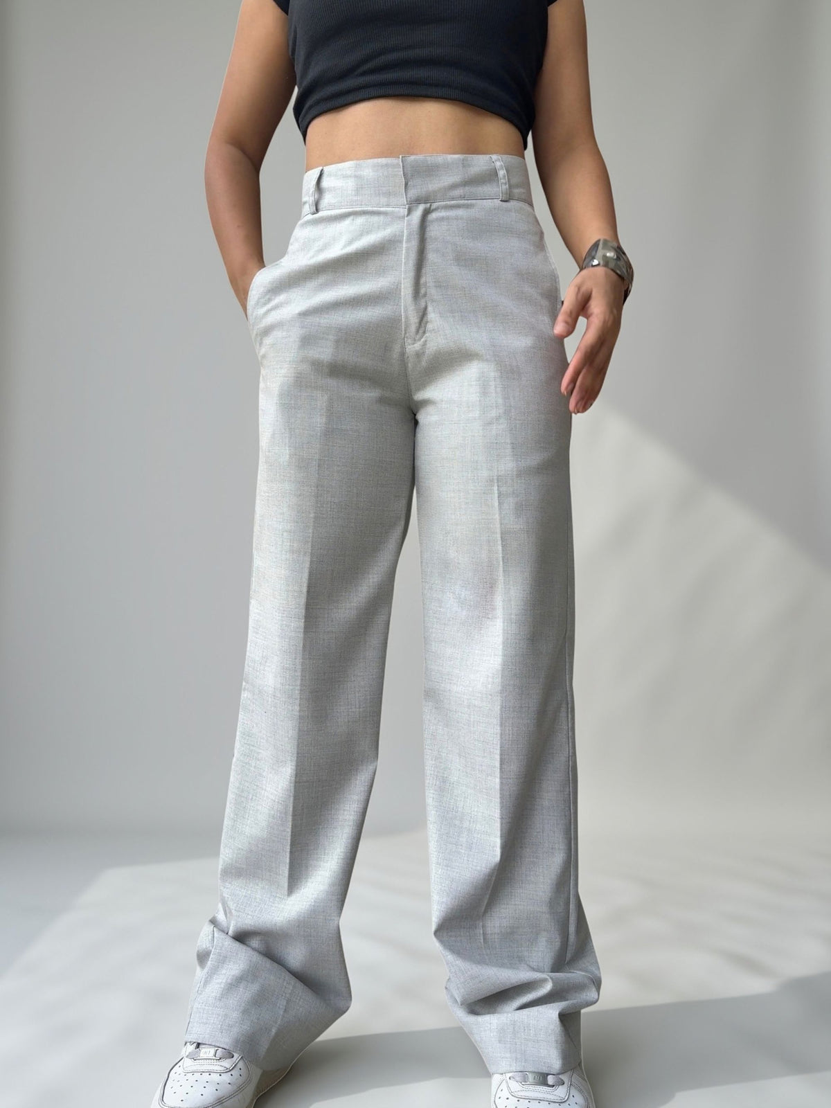 Tailored Straight Trousers | Grey Melange