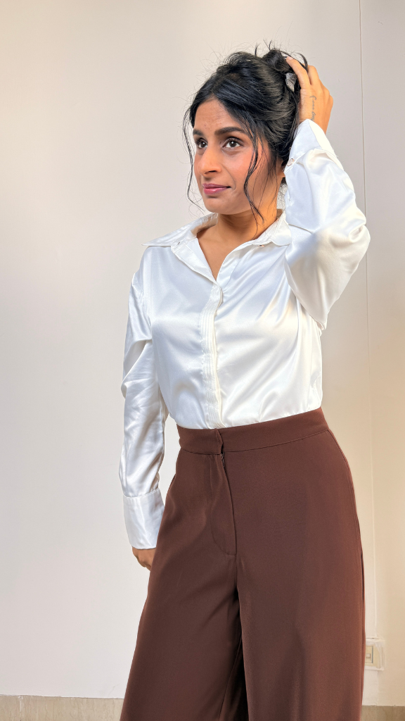 Premium Satin Relaxed Pintuck Shirt | Pearl White