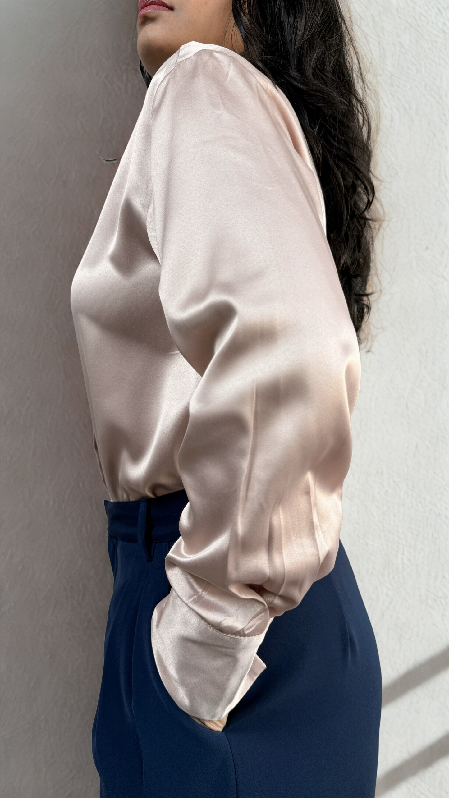 Premium Satin Relaxed Pintuck Shirt | Rose Gold