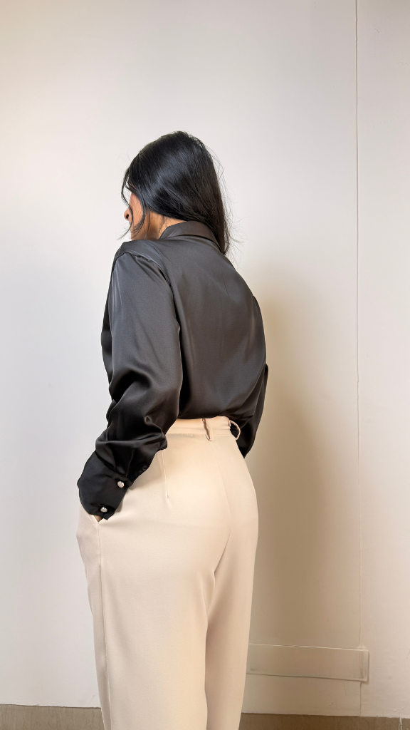 Premium Satin Relaxed Pintuck Shirt | Raven Black