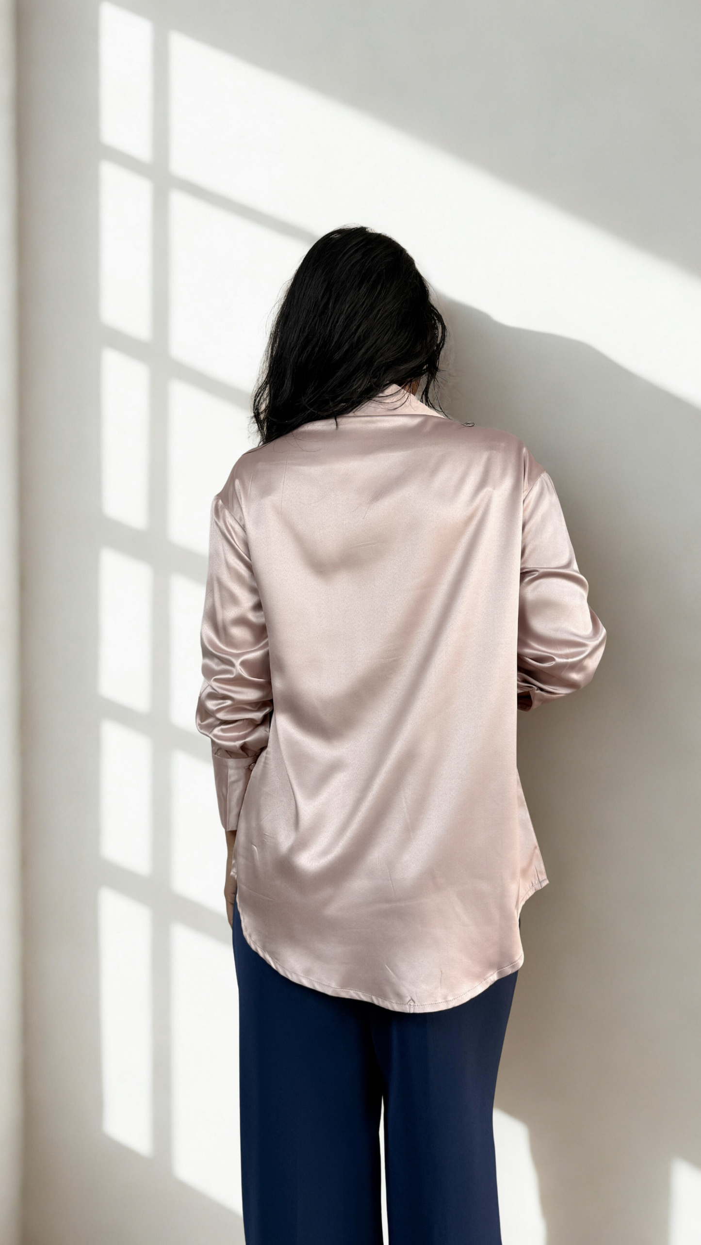 Premium Satin Relaxed Pintuck Shirt | Rose Gold