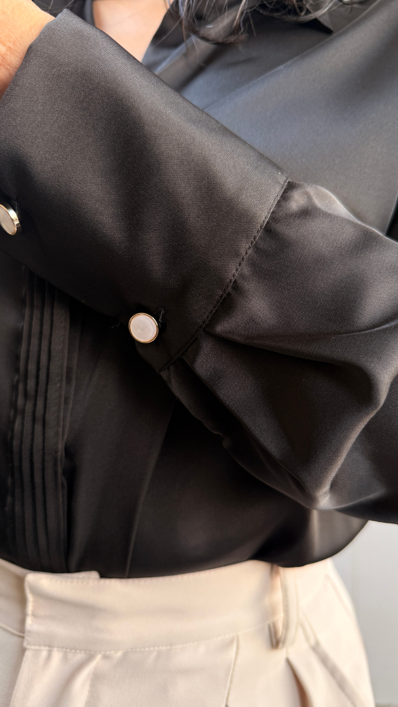 Premium Satin Relaxed Pintuck Shirt | Raven Black