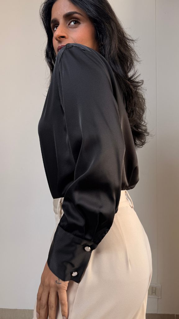 Premium Satin Relaxed Pintuck Shirt | Raven Black