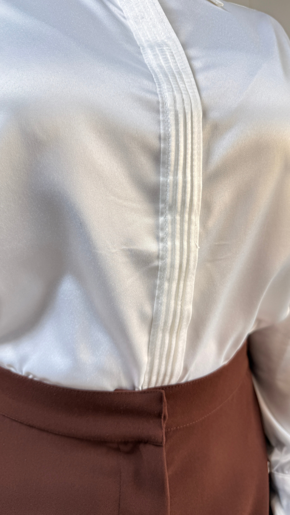 Premium Satin Relaxed Pintuck Shirt | Pearl White