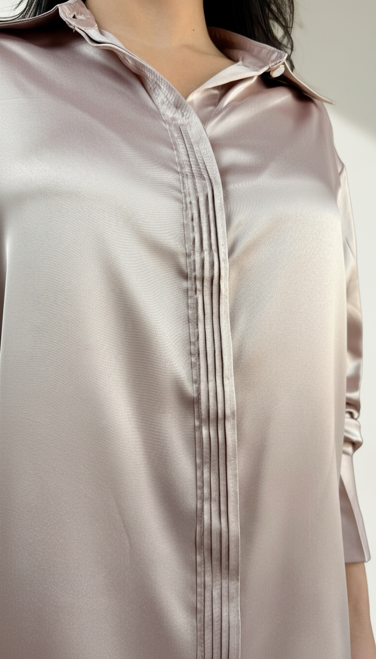 Premium Satin Relaxed Pintuck Shirt | Rose Gold