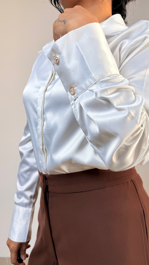 Premium Satin Relaxed Pintuck Shirt | Pearl White