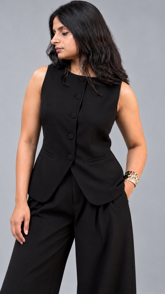 Japanese Crepe Tailored Waistcoat | Raven Black
