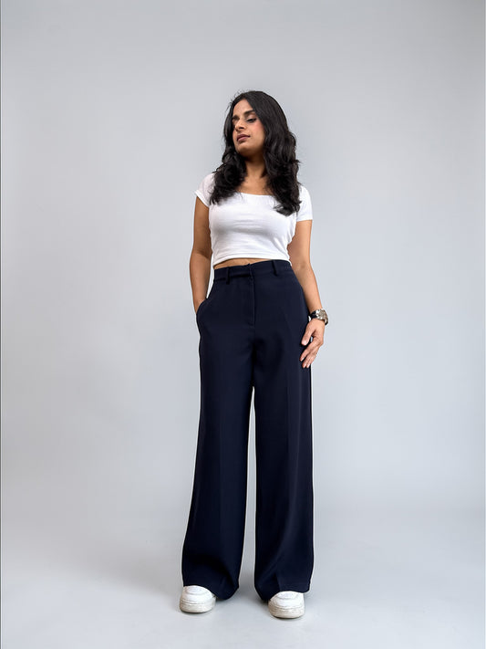 Japanese Crepe Tailored Wide Trousers | Midnight Blue