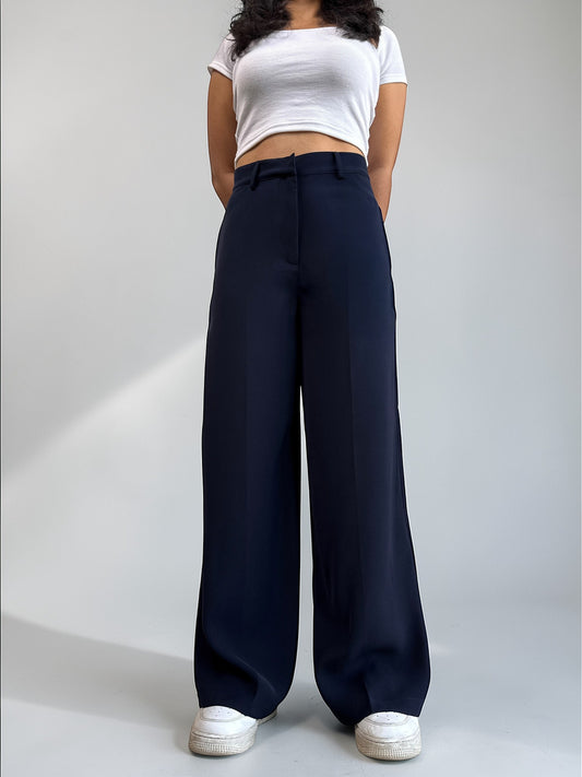 Japanese Crepe Tailored Wide Trousers | Midnight Blue