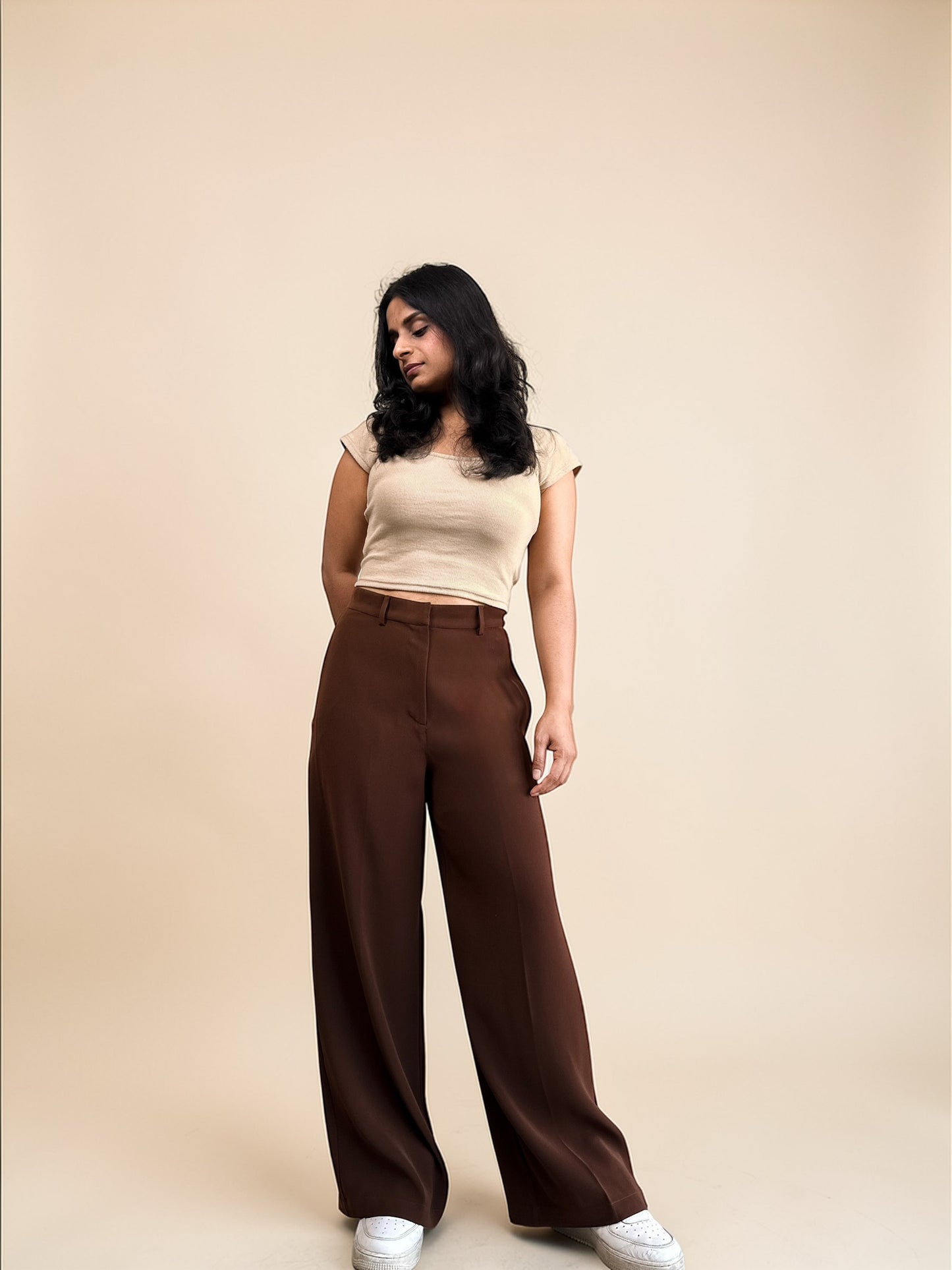 Japanese Crepe Tailored Wide Trousers | Mocha Brown