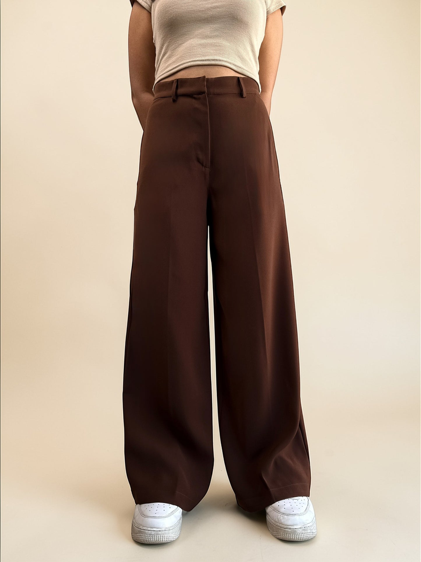 Japanese Crepe Tailored Wide Trousers | Mocha Brown