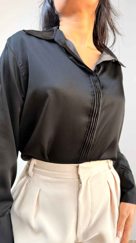 Premium Satin Relaxed Pintuck Shirt | Raven Black