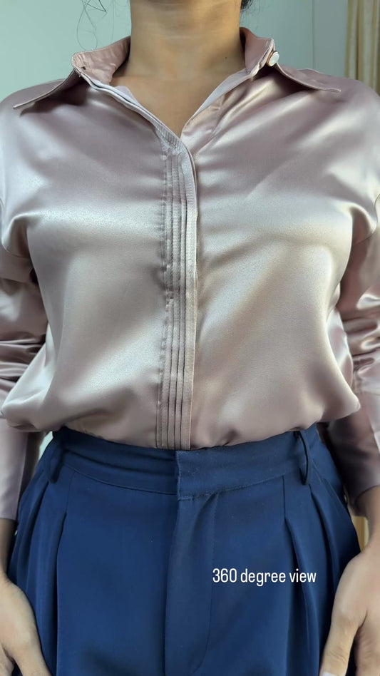 Premium Satin Relaxed Pintuck Shirt | Rose Gold