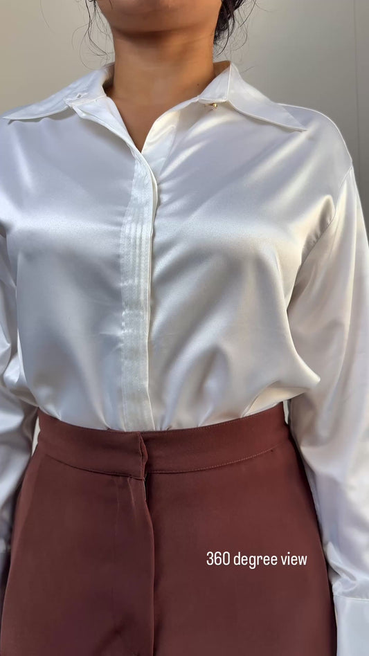 Premium Satin Relaxed Pintuck Shirt | Pearl White