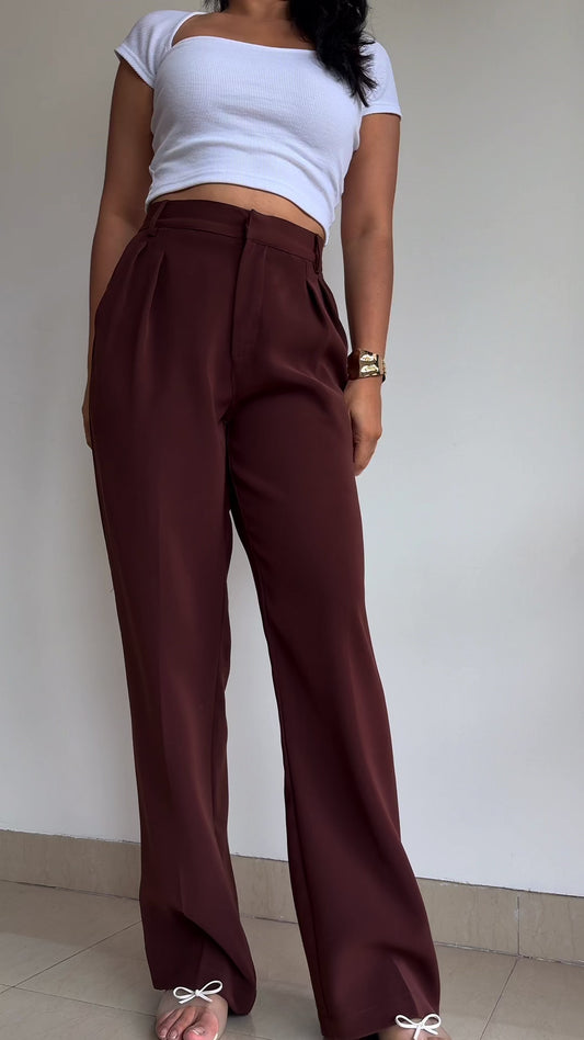 Crepe Straight Leg Pleated Trouser | Mocha Brown