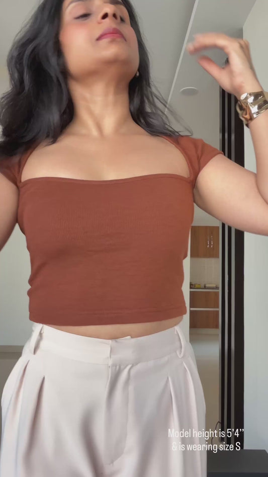 Soft Cotton Ribbed Sweetheart Top | Mocha Brown