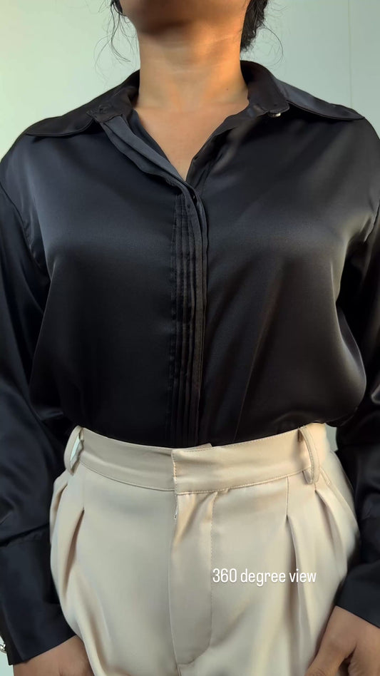 Premium Satin Relaxed Pintuck Shirt | Raven Black
