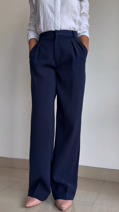 Crepe Straight Leg Pleated Trouser | Midnight Blue
